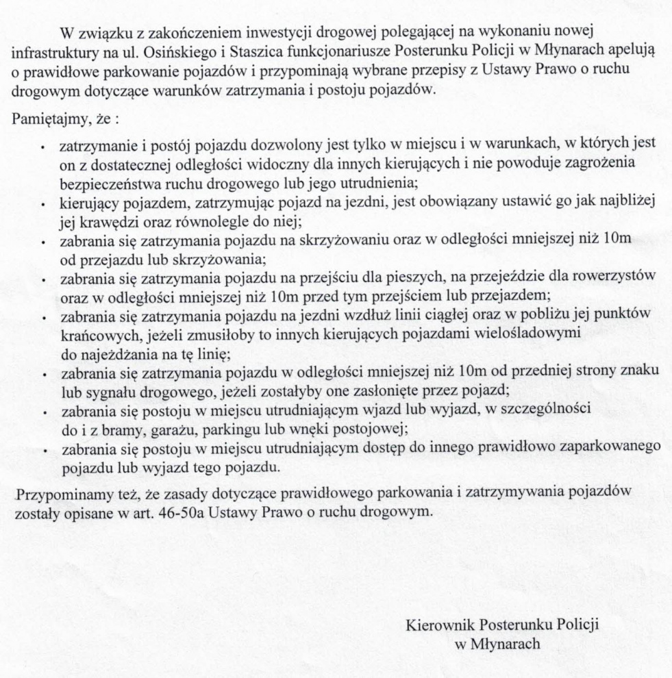 Informacja Posterunku Policji w Młynarach w związku z zakończeniem inwestycji drogowej na ul. Osińskiego i ul. Staszica