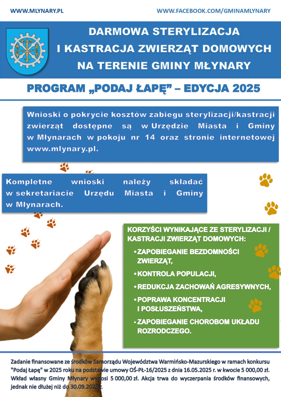 „Kontrola populacji zwierząt domowych na terenie  Gminy Młynary poprzez sterylizację i kastrację”– zapraszamy do składania wniosków o sterylizację/kastrację zwierząt domowych.