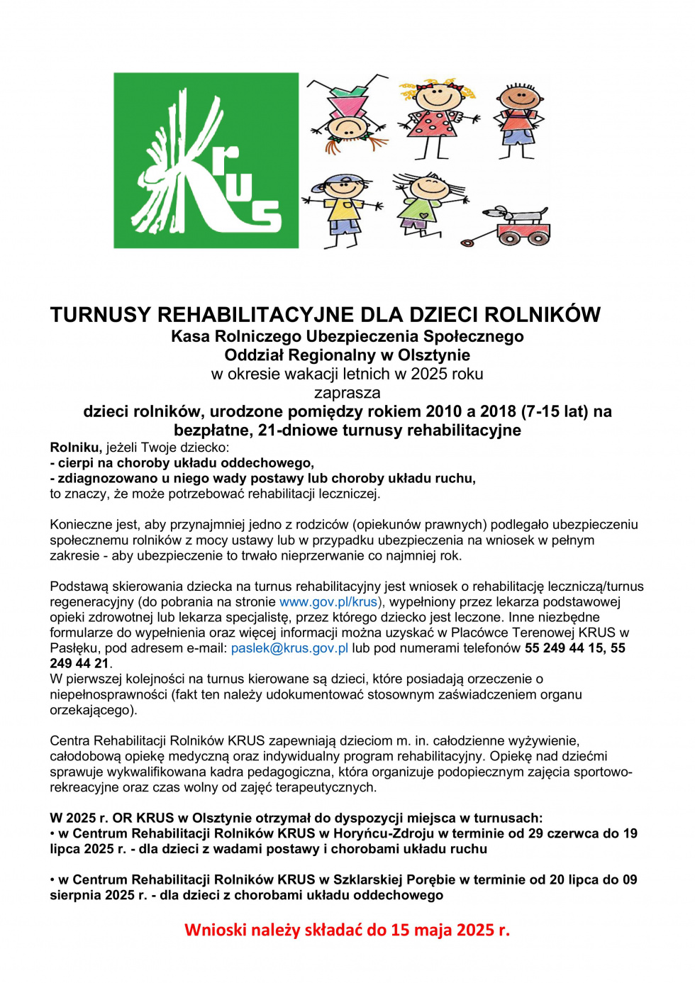 Turnusy rehabilitacyjne dla dzieci rolników.